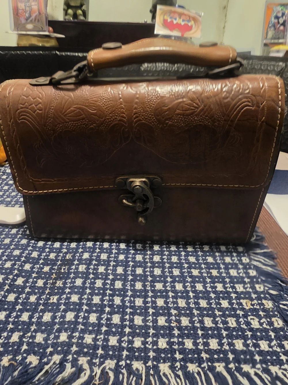 Source Unknown Brown Tooled Leather Satchel with Brass Clasp